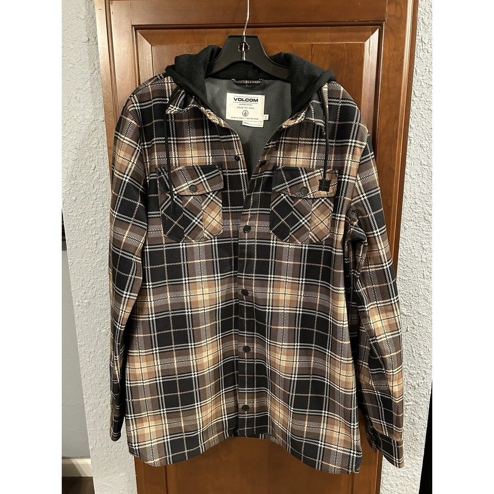 Vintage Volcom Hoodie Adult Med Henley Button-Down Plaid Multicolor Black Hood